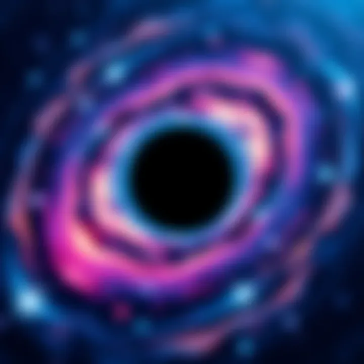 A bright black hole surrounded by a swirling colorful galaxy, symbolizing the connection between consciousness and the universe, with stars shining in the background.