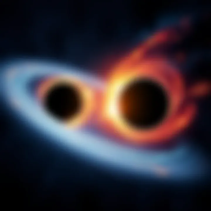 An illustration showing two black holes merging in space, surrounded by cosmic gas and light, illustrating a groundbreaking astronomical event.