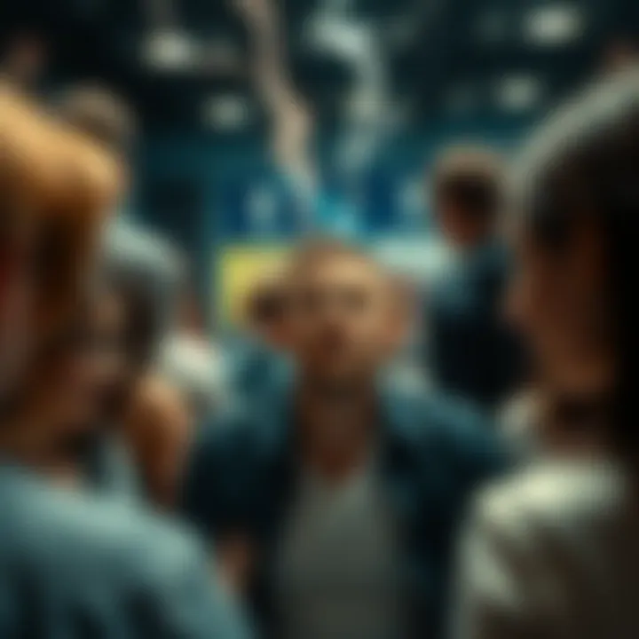 A person appears exhausted while interacting with a group, showing signs of emotional fatigue. Energy flows away from them, symbolizing drain from black hole people.