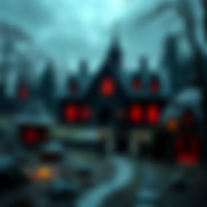 An artistic rendering of LaVey's Black House surrounded by grottos, symbolizing community gathering for Satanists.