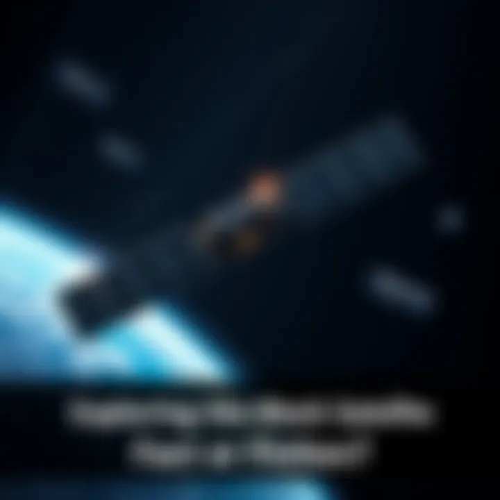 A digital illustration of the Black Knight Satellite orbiting Earth, with a starry background and visible satellites nearby.