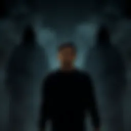 A person stands against a dark background, symbolizing the struggle with black magic. Shadowy figures loom over them, representing the negative energy. The person's expression shows resilience and unexpected strength.