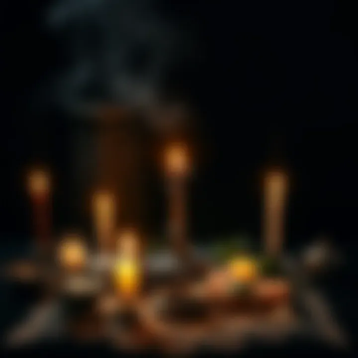 A dark altar with candles, crystals, and herbs used in black magic rituals.