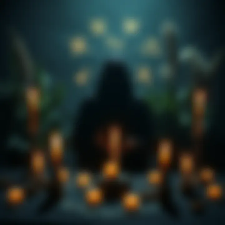 A dark silhouette figure with candles and astrological symbols around, indicating black magic practices