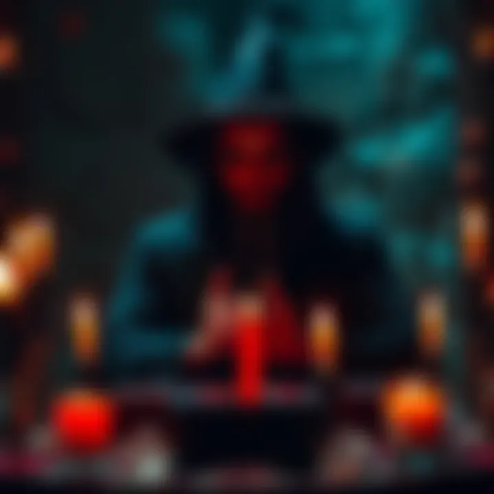 A black magician surrounded by candles, crystals, and mystical symbols, engaged in a magic ritual
