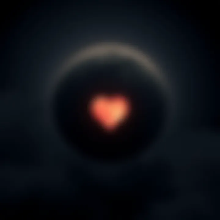 A dark sky featuring a black moon and a glowing heart symbol, representing love and manifestation during this lunar phase.