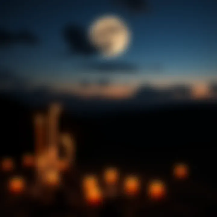 A calm space set for rituals during the black moon, featuring candles, crystals, and a darkened sky with a black moon visible.