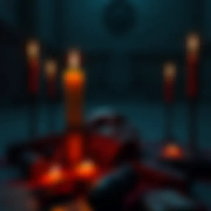 Black Nails Cult Rituals A dark scene depicting a chilling ritual with candles and eerie symbols surrounding a severed head, representing the brutal actions of the Black Nails cult.