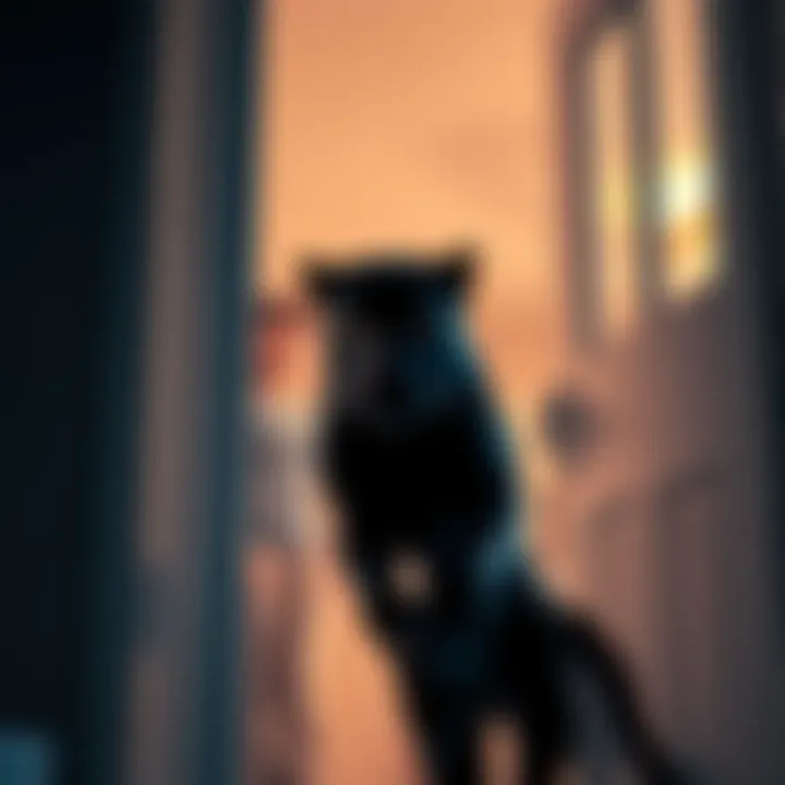 A black panther is shown trying to enter a home, with a mother and son watching from inside in surprise.