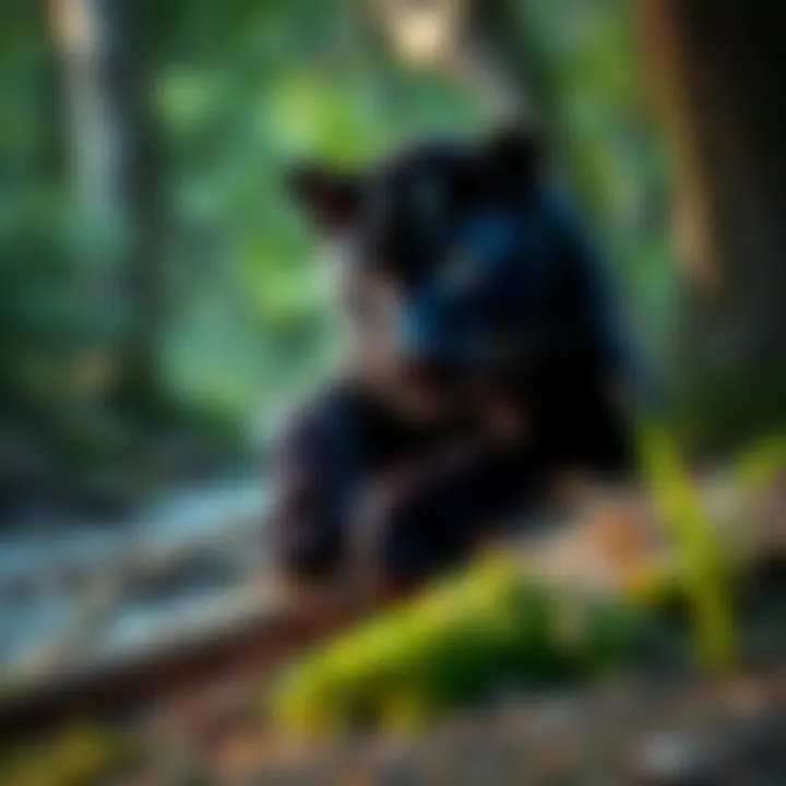 A juvenile black panther resting near a creek surrounded by trees in North Carolina