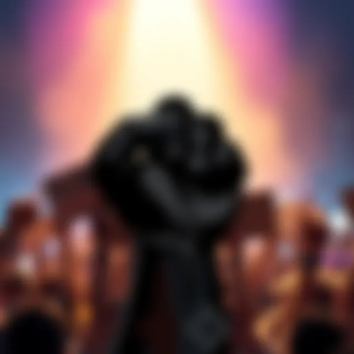 A raised fist symbolizing Black power and unity, set against a vibrant background representing activism in Minnesota.