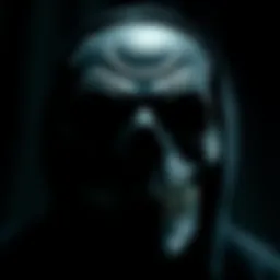 A close-up of a mask resembling The Grabber from 'The Black Phone', with a somber background. The mask features exaggerated facial features and a dark color palette, hinting at themes of horror and ab...