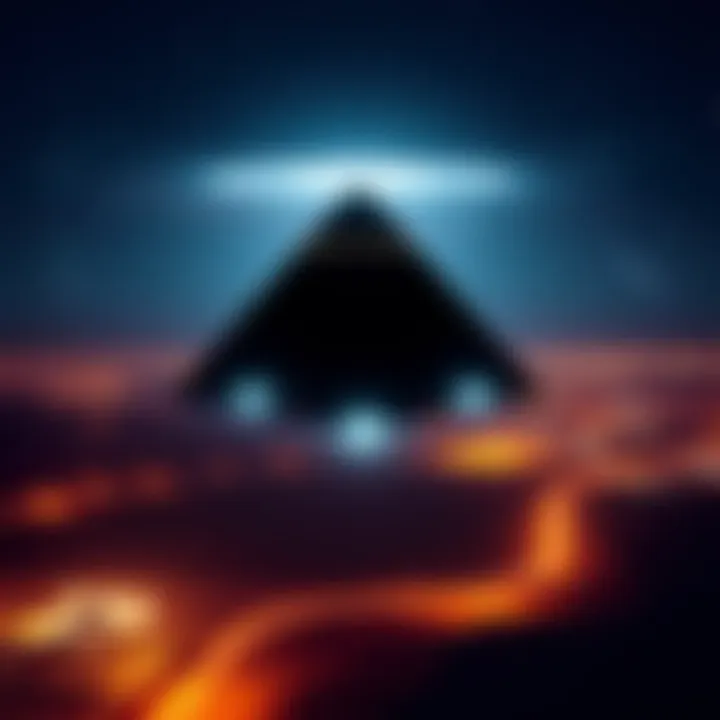 A black pyramid-shaped UFO with white lights hovering in the night sky above Trenton, Texas.