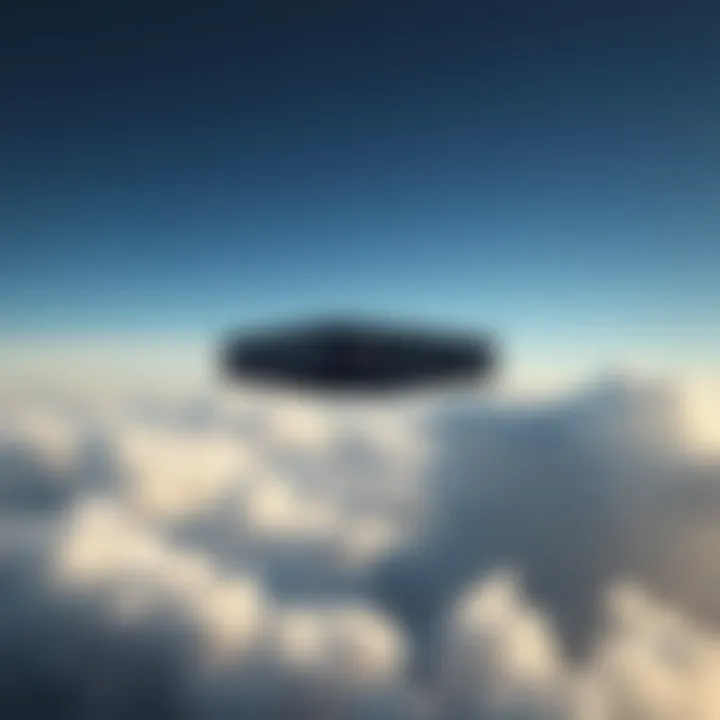 Black Rectangle UFO in the Sky A black rectangular object hovering in the sky with clouds in the background.