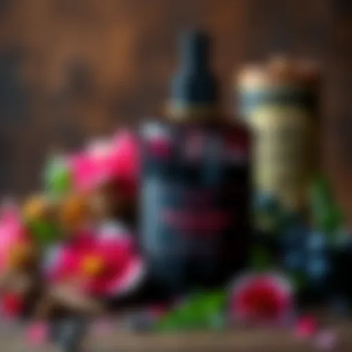 A bottle of black liquid labeled as romance attraction perfume, surrounded by herbs and flowers