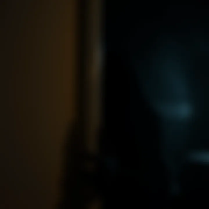 A dark shadow figure with a head and arm visible, watching from behind a wall corner, creating a spooky atmosphere.
