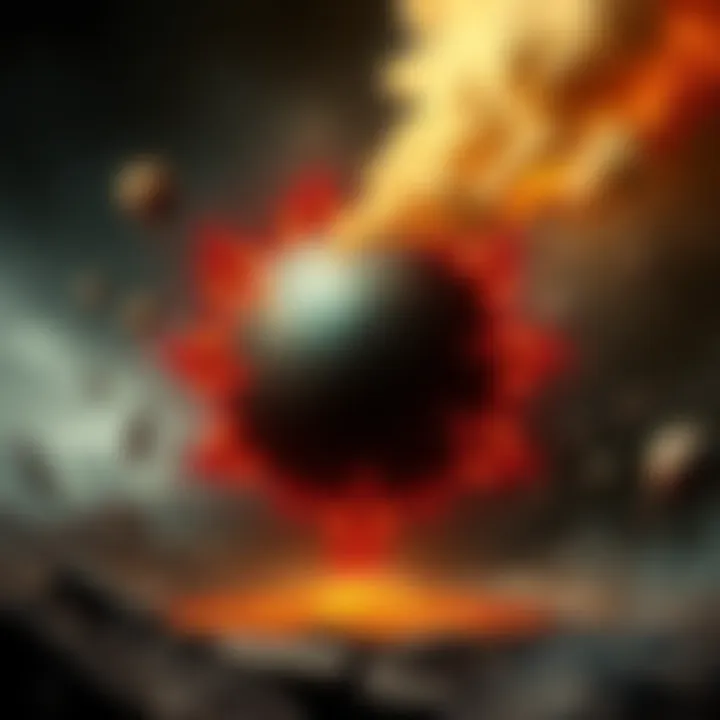 A depiction of the black sun symbol with rays radiating outward, surrounded by historical elements.