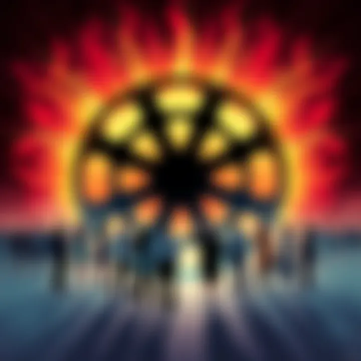 Illustration of the Black Sun symbol with people debating its meaning and history.