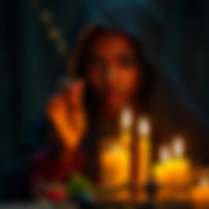 A Black witch surrounded by candles and herbs, exploring new practices in witchcraft