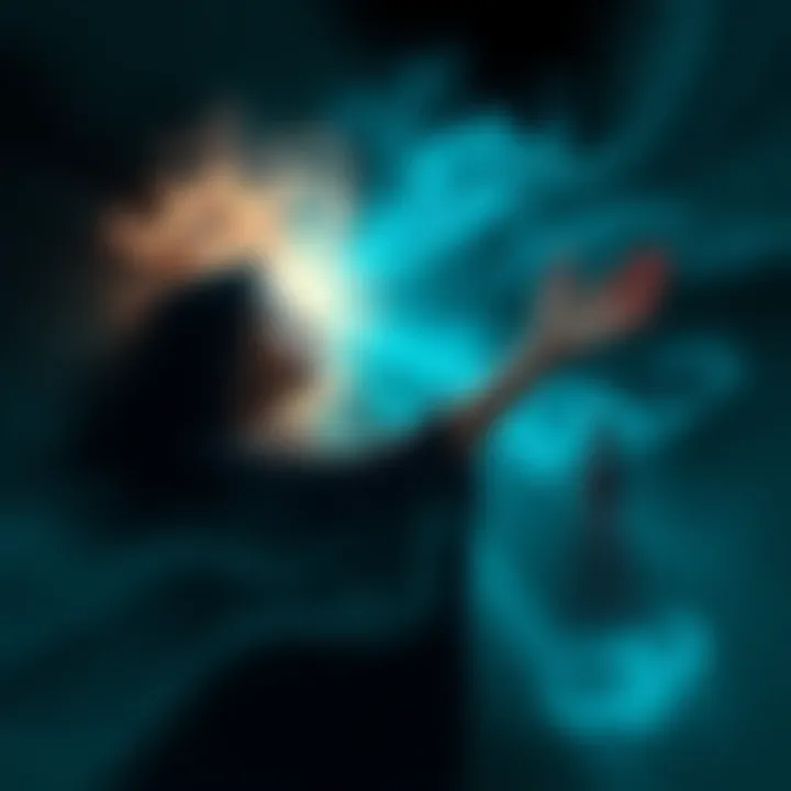 Black witch in a dream A woman experiencing a vivid dream with a black witch reaching out to her, surrounded by dark shadows and a glowing aura.