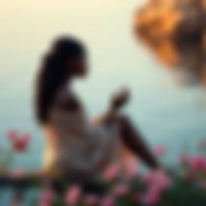 A black woman sitting by a serene water body, contemplating her connection with the goddess Aphrodite, surrounded by flowers and soft light.