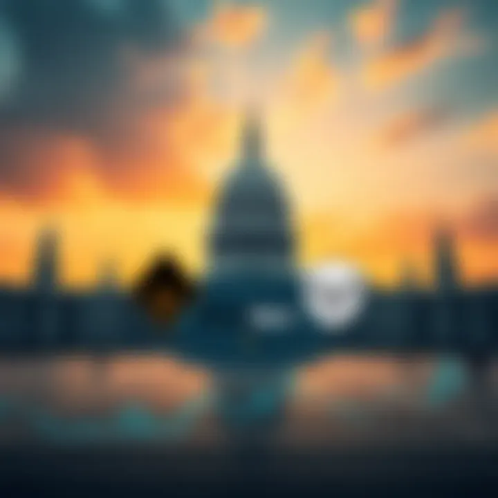 A graphic showing BlackRock and Vanguard logos with a backdrop of government buildings and financial charts, representing their impact on the economy and policy.