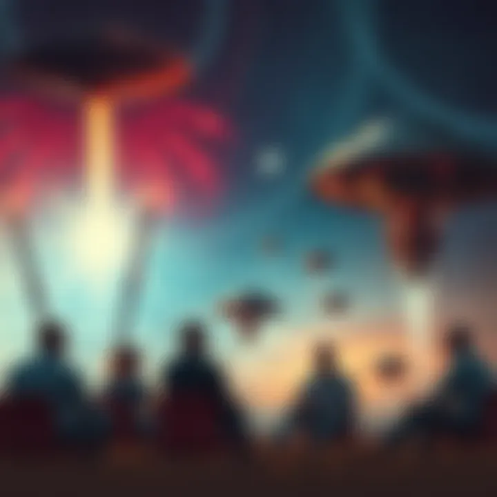 A group of people engaged in a lively discussion about the Bledso prophecy, with a backdrop of starry skies and abstract representations of potential hybrid beings and UFOs.