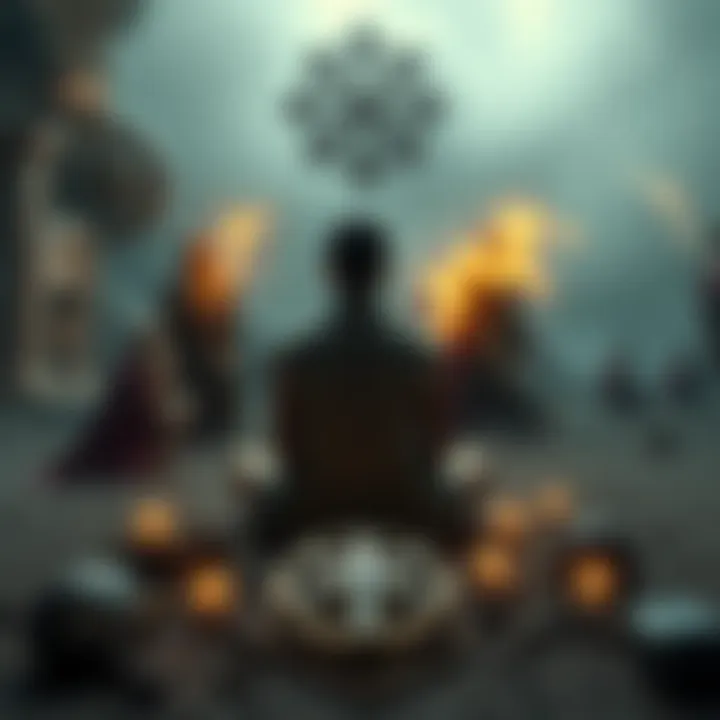 A person sitting cross-legged, surrounded by symbols of Greek and Norse mythology, like Zeus's lightning bolt and Thor's hammer, reflecting on their faith.