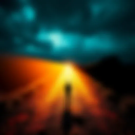 A person standing at a crossroads, one path filled with light representing blessings and another dark path symbolizing curses, creating a sense of choice and reflection.