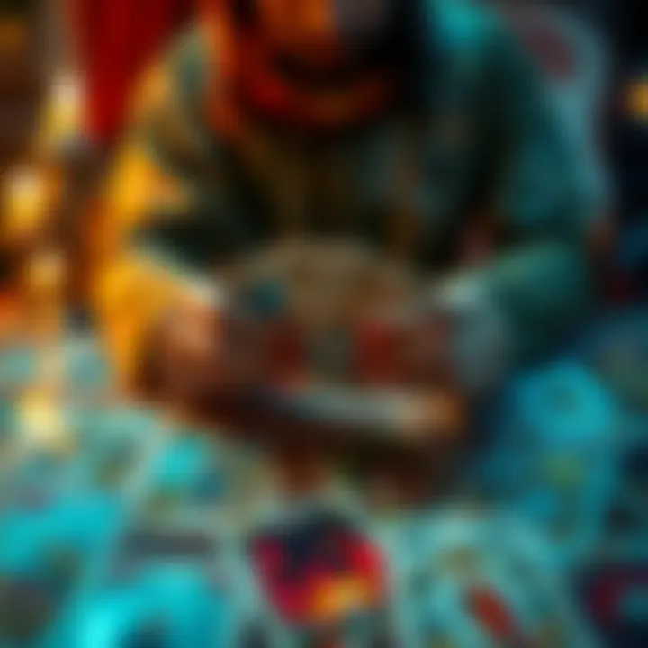 Blind Tarot Reading Concept A person choosing three cards from a tarot deck without any prior questions. The scene shows a mystical ambiance with tarot cards laid out on a table.