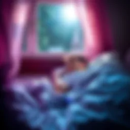 A person lying in bed, waking up to a bright light shining through the window, with a surprised expression on their face.