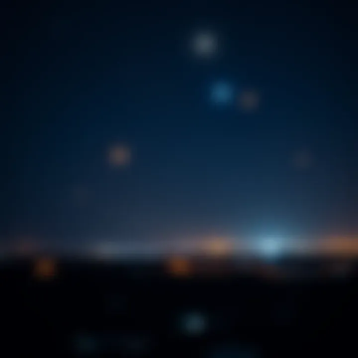 Various blinking lights visible in a dark night sky over a populated area