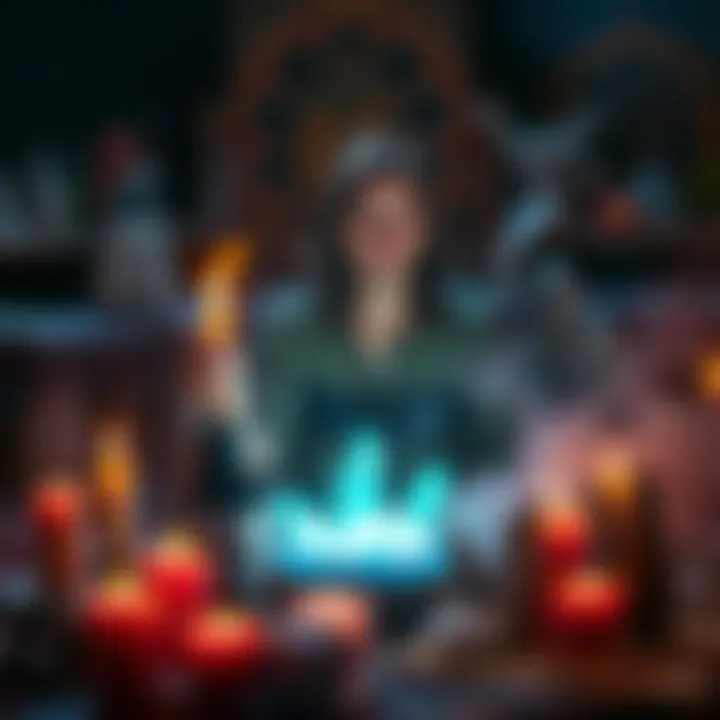 A person with candles and crystals around them, focusing on a spell while sitting in a peaceful setting