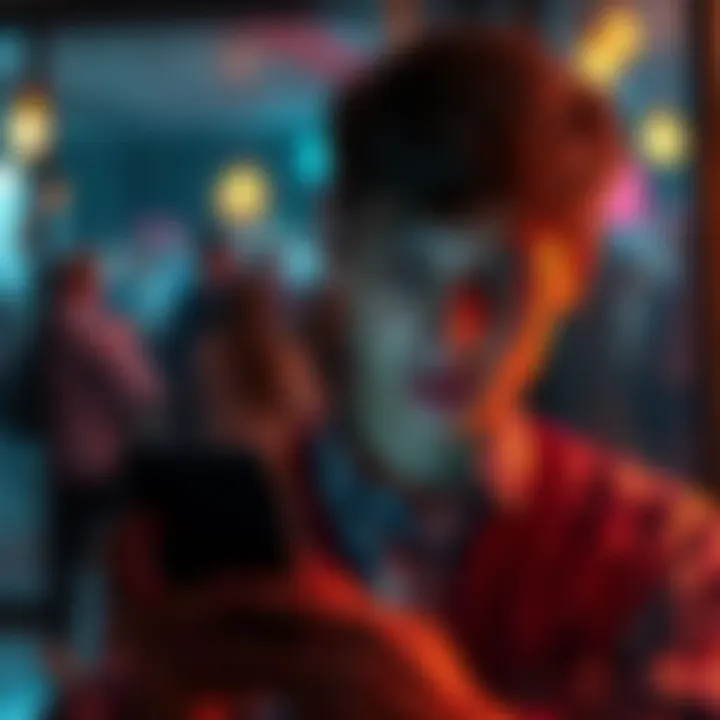 A person looking at their phone with a thoughtful expression, considering blocking a contact, with a blurred background of friendship moments.