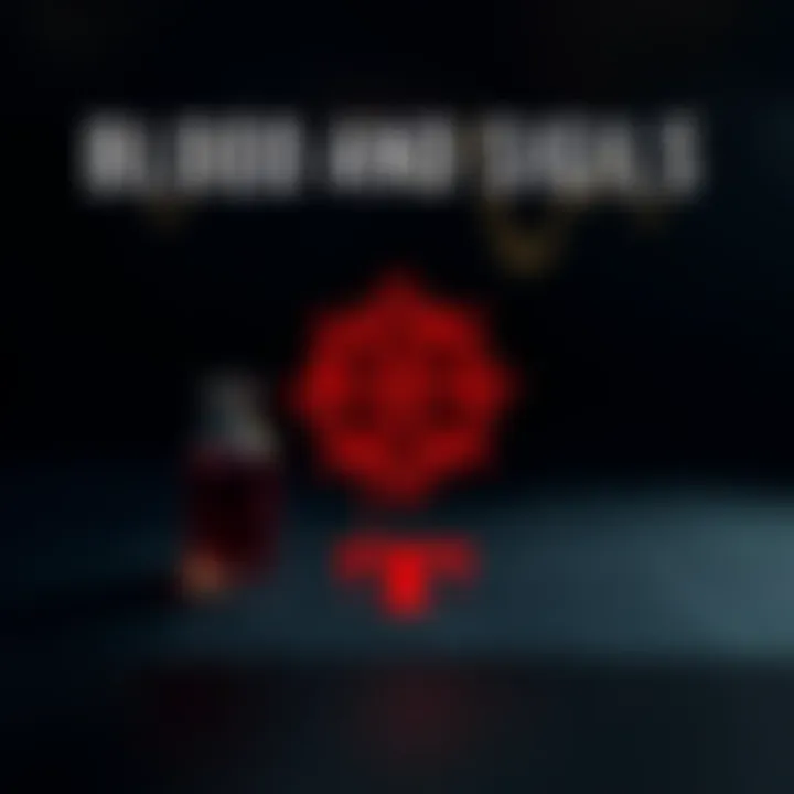 An artistic representation of a sigil drawn in red with a small vial of blood beside it, set against a dark background.