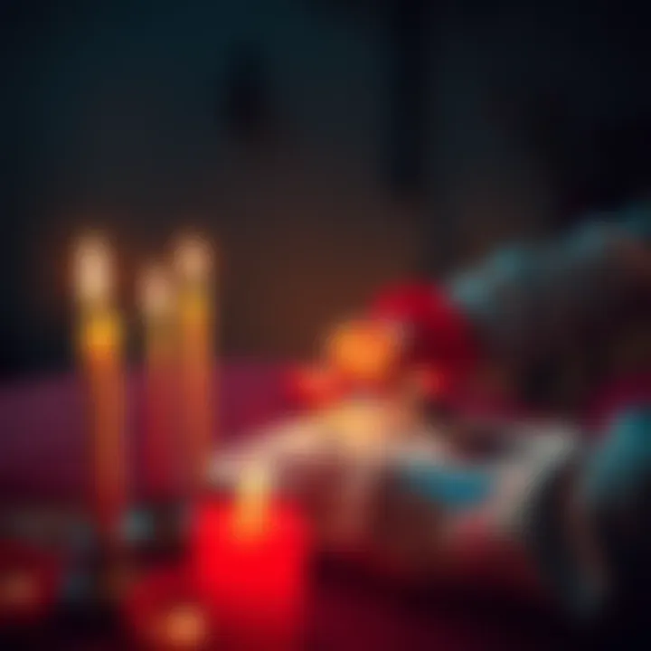 A person performing a blood sigil ritual with candles and a drawn sigil on paper, focusing on rekindling love.