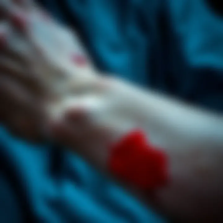 Close-up of an arm with a fresh blood stain visible on the skin, showing a shocked expression as the person wakes up.
