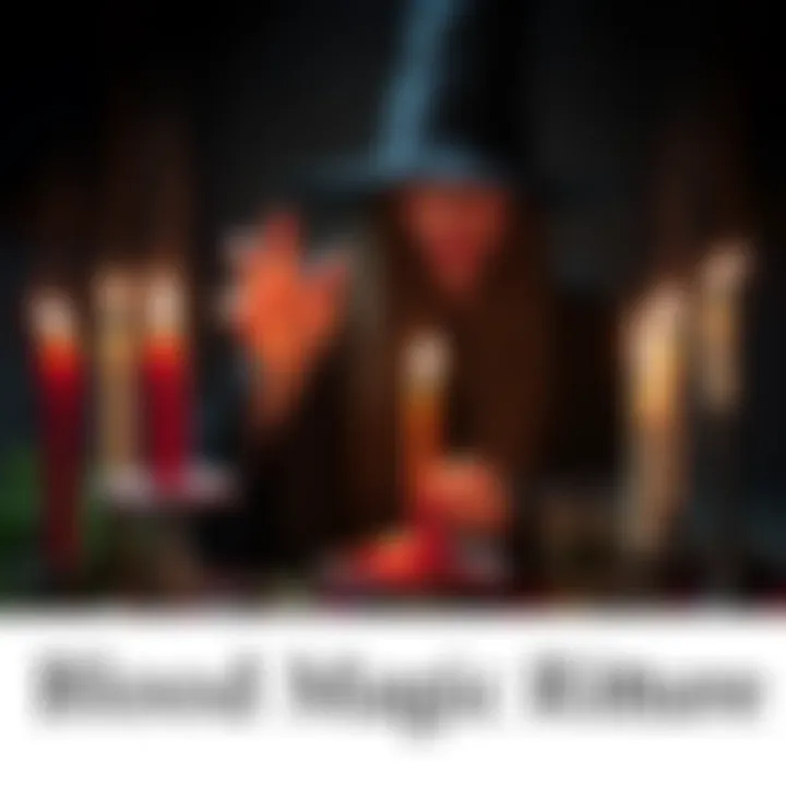 A witch performing a blood magic ritual with candles and herbs, illustrating the practice of blood magic in witchcraft.