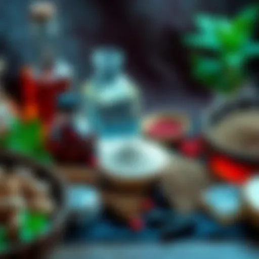 An assortment of natural ingredients like herbs and liquids representing substitutes for menstrual blood in rituals