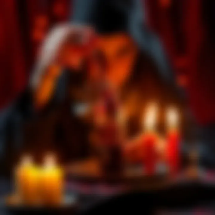 A witch performing a spell with a small vial of blood and candles around her, symbolizing blood magic in witchcraft.