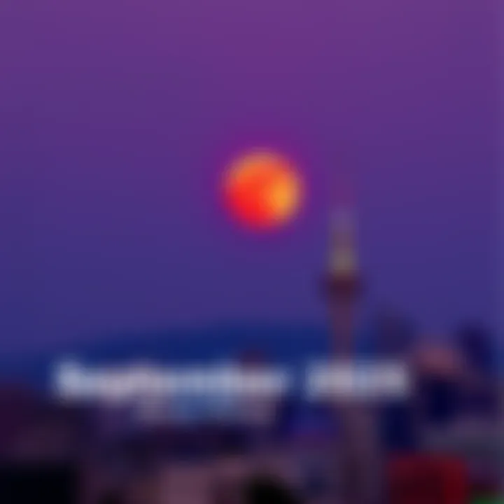 A reddish moon rises above a city skyline, symbolizing the September 2025 blood moon event.