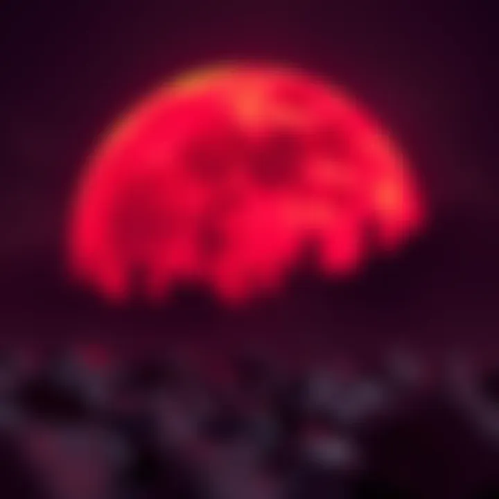 Artistic representation of a garnet-inspired blood moon, showcasing vibrant reds and deep shadows that evoke a mystical ambiance.