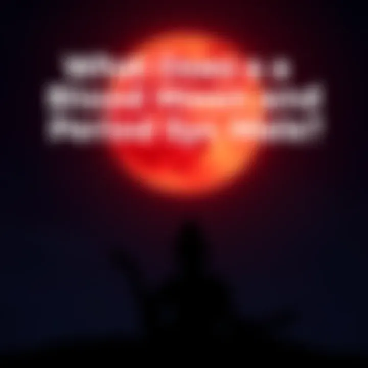 A glowing blood moon in a night sky with a silhouette of a person meditating under it, symbolizing connection with lunar phases and menstrual cycles.