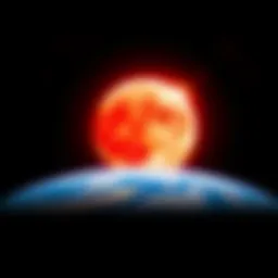 A Blood Moon shining brightly above the Earth, symbolizing a connection to modern technology and human advancement, with stars in the background.