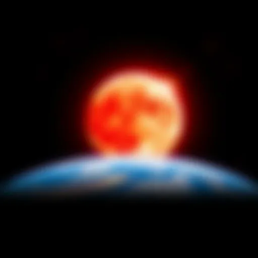 A Blood Moon shining brightly above the Earth, symbolizing a connection to modern technology and human advancement, with stars in the background.