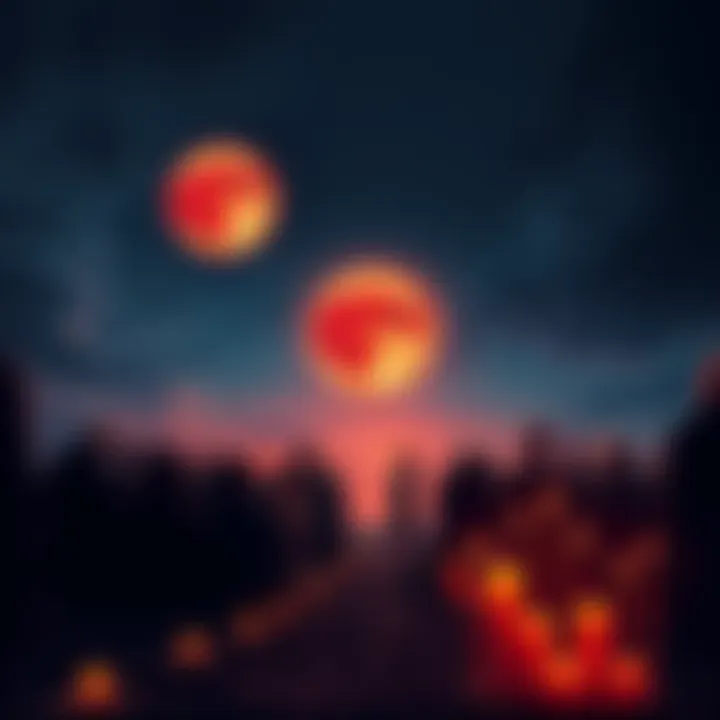 A mystical scene featuring the Blood Moon in the night sky, with people sharing their Moon signs for free readings, surrounded by candles and astrological symbols.