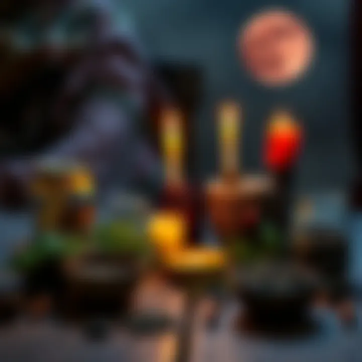 A table set with kitchen herbs, candles, and spell jars for Blood Moon rituals