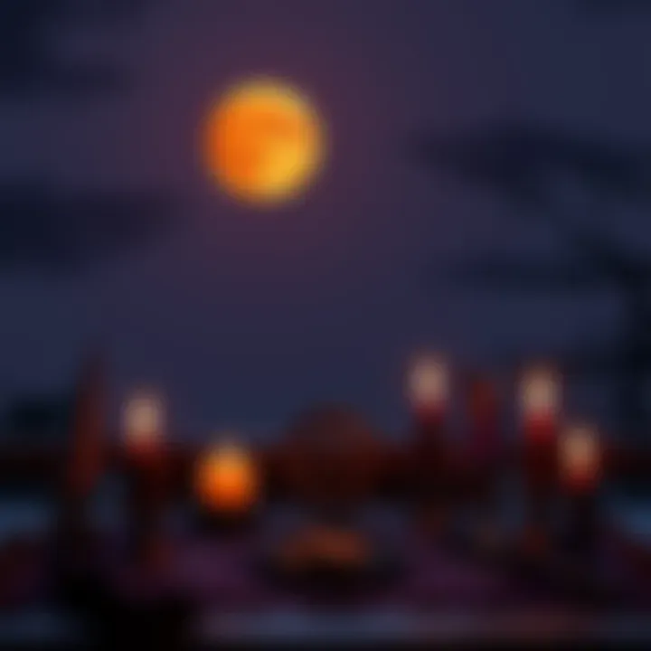 A blood moon in the night sky above a table with spell casting tools, including candles and crystals.