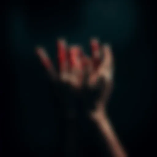 A pair of hands stained with blood reaches out from a darkened background, symbolizing sacrifice and haunting consequences.