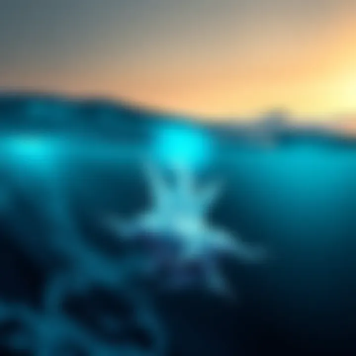 Bloop Sound Visualization A digital representation of ocean waves with sound waves emanating from the depths, highlighting the Bloop phenomenon.